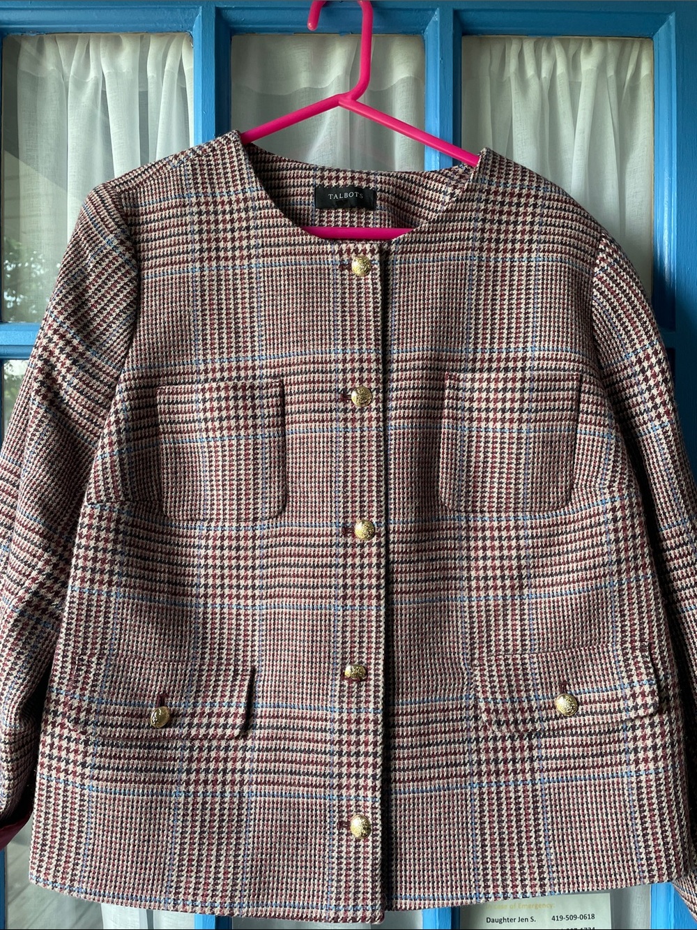 Talbots Brown Glen Plaid Collarless Jacket with Gold Buttons Sz 18W - Picture 2 of 8